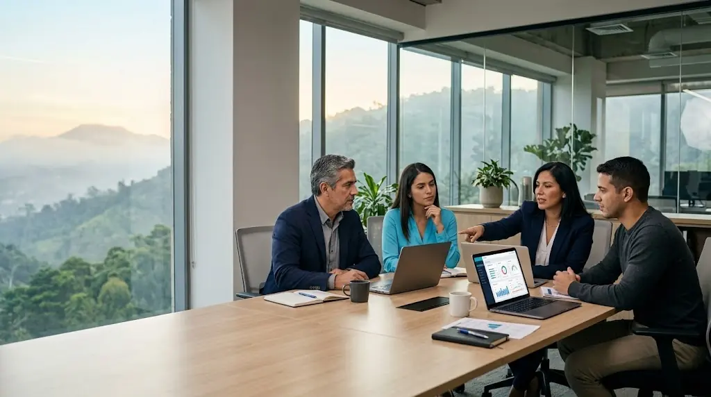 Equipo de Altair reunido alrededor de una mesa de trabajo revisando el sistema